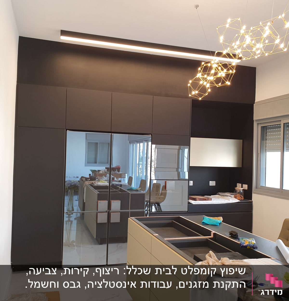 מטבח מודרני עם ארונות כהים ותאורה מעוצבת